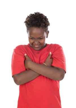Photo of angry excited dark skin boy isolated on white background 