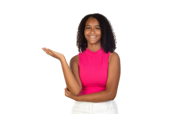 Menina Atraente Mostrando Algo Com Mão Isolada Fundo Branco — Fotografia de Stock