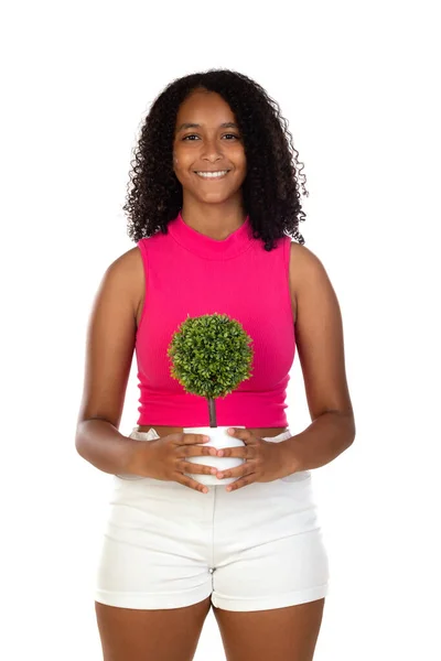 Ragazza Adolescente Con Capelli Afro Indossa Una Shirt Rosa Isolata — Foto Stock