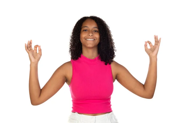 Peaceful Tranquil Afro American Girl Meditating Zen Hands Fingers Standing — Stock Photo, Image
