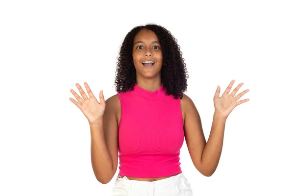 Překvapený Teenager Dívka Sobě Růžové Tričko Izolované Bílém Pozadí — Stock fotografie