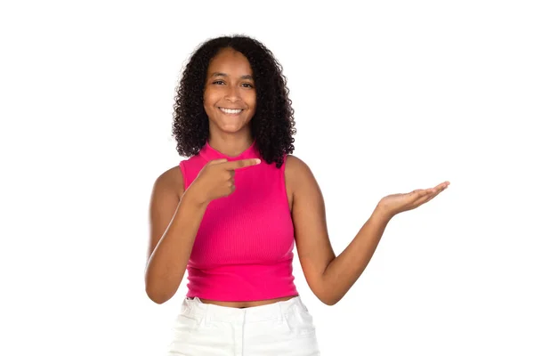 Menina Atraente Mostrando Algo Com Mão Isolada Fundo Branco — Fotografia de Stock