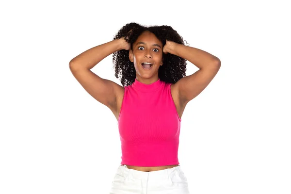 Verrast Tiener Meisje Dragen Roze Shirt Geïsoleerd Een Witte Achtergrond — Stockfoto