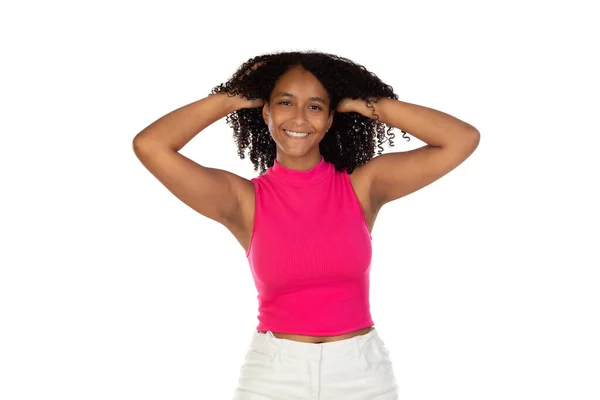 Negro Afroamericano Adolescente Mostrando Afro Cabello Aislado Blanco Fondo — Foto de Stock