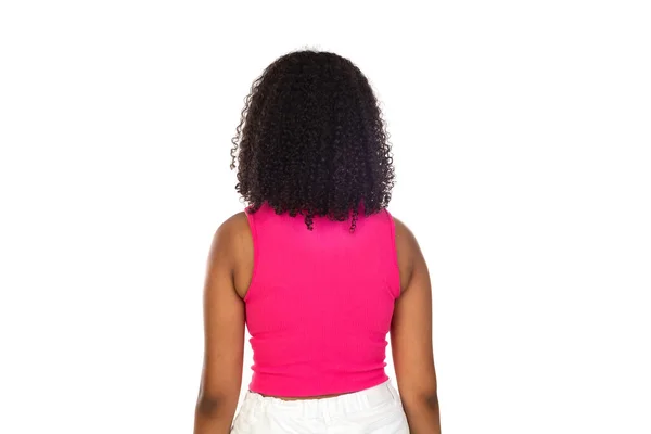 Belle Femme Afro Américaine Aux Cheveux Afro Portant Shirt Rose — Photo