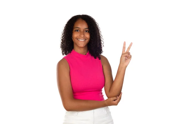 Teenager Afrikanisches Mädchen Zeigt Zwei Frieden Siegeszeichen Auf Weißem Hintergrund — Stockfoto