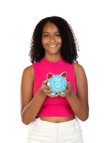 Menina Adolescente Feliz Segurando Piggybank Isolado Fundo Branco — Fotografia de Stock