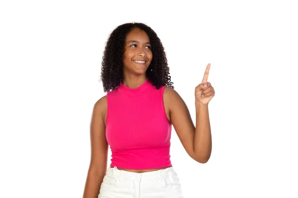 Mooie Jonge Afrikaanse Amerikaanse Vrouw Geïsoleerde Achtergrond Glimlachen Kijken Naar — Stockfoto