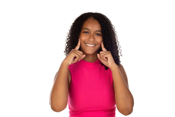 Happy Cute Teenager Zeigt Ihr Schönes Lächeln Isoliert Auf Weißem — Stockfoto