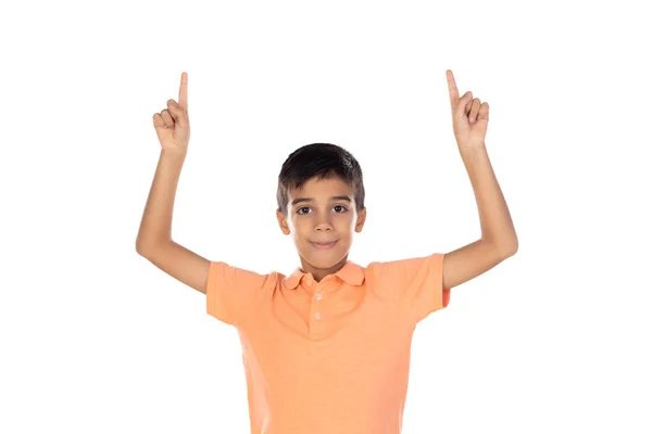 Sorrindo Bonito Menino Apontando Para Longe Isolado Fundo Branco — Fotografia de Stock