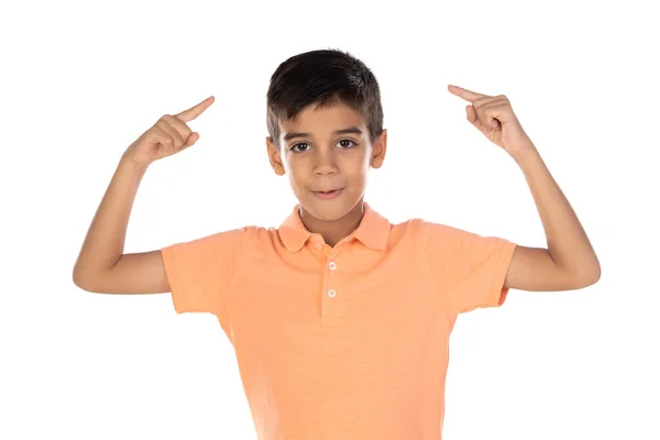 Sorrindo Bonito Menino Apontando Para Longe Isolado Fundo Branco — Fotografia de Stock