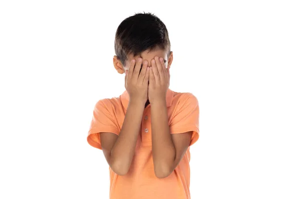 Dark Hair Child Covering His Face Isolated White Background — Stock Photo, Image