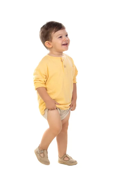 Leuke Baby Met Geel Shirt Geïsoleerd Een Witte Achtergrond — Stockfoto