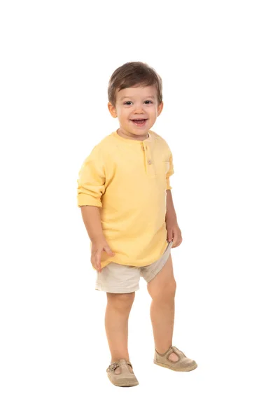 Bebê Bonito Com Camiseta Amarela Isolada Fundo Branco — Fotografia de Stock