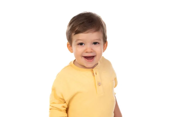 Carino Bambino Felice Con Shirt Gialla Isolata Uno Sfondo Bianco — Foto Stock