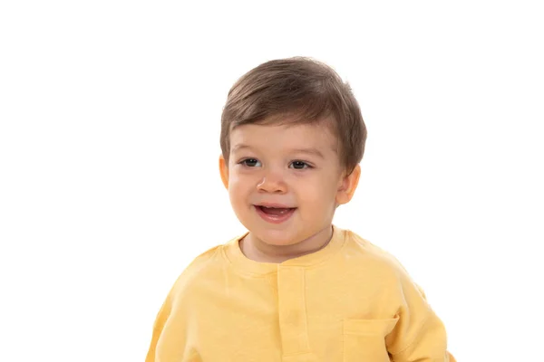 可爱的快乐婴儿 黄色T恤 白色背景隔离 — 图库照片