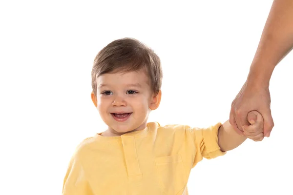 Pais Segura Mão Uma Criança Pequena Isolada Fundo Branco — Fotografia de Stock