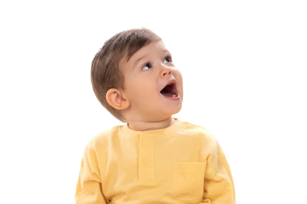 Pensivo Bebê Feliz Olhando Para Cima Isolado Fundo Branco — Fotografia de Stock