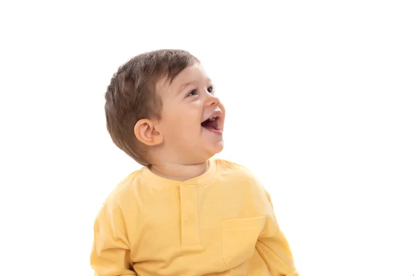 Pensive Ευτυχισμένη Μωρό Ψάχνει Επάνω Απομονώνονται Λευκό Φόντο — Φωτογραφία Αρχείου