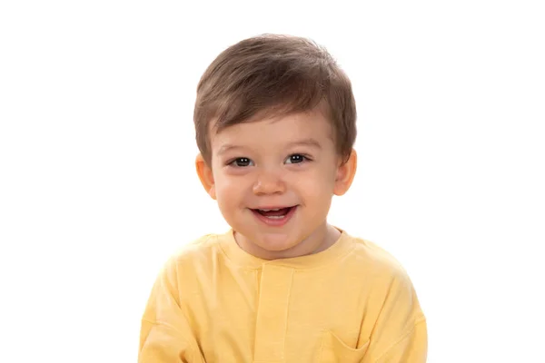 Leuke Vrolijke Baby Met Geel Shirt Geïsoleerd Een Witte Achtergrond — Stockfoto
