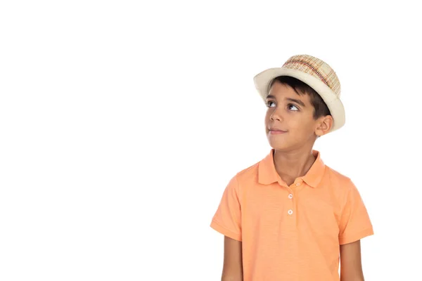 Bel Enfant Avec Chapeau Paille Isolé Sur Fond Blanc — Photo