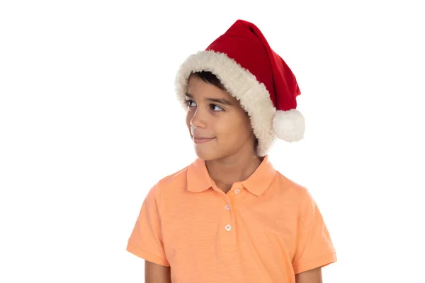 Sorrindo Menino Feliz Santa Chapéu Isolado Fundo Branco — Fotografia de Stock