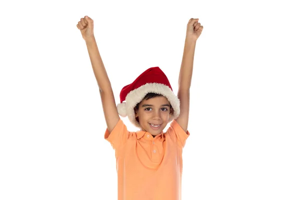 Sorridente Ragazzo Felice Cappello Babbo Natale Isolato Uno Sfondo Bianco — Foto Stock