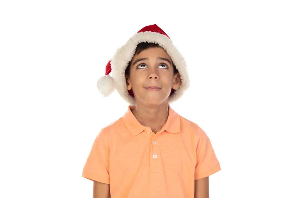 Lächelnder Glücklicher Junge Mit Weihnachtsmütze Isoliert Auf Weißem Hintergrund — Stockfoto