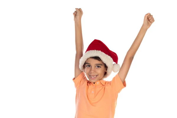 Leende Glad Pojke Santa Hatt Isolerad Vit Bakgrund — Stockfoto