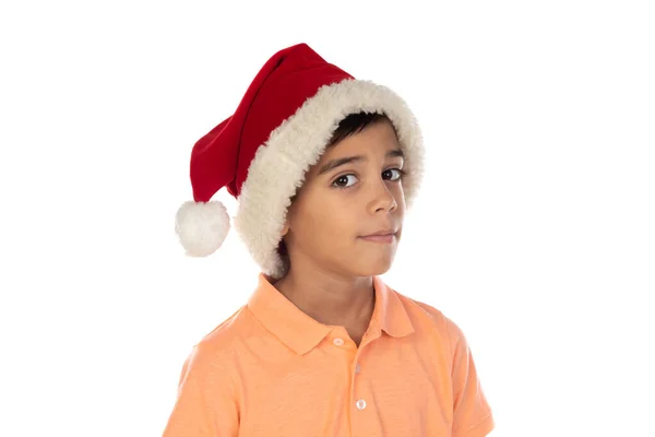 Leende Glad Pojke Santa Hatt Isolerad Vit Bakgrund — Stockfoto