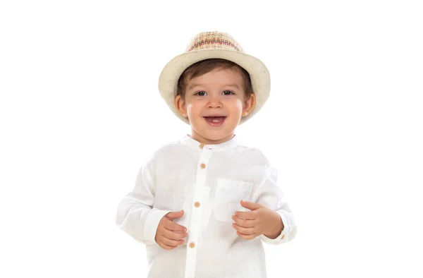 一个戴着帽子的酷酷的小男孩 因白人背景而被隔离 — 图库照片