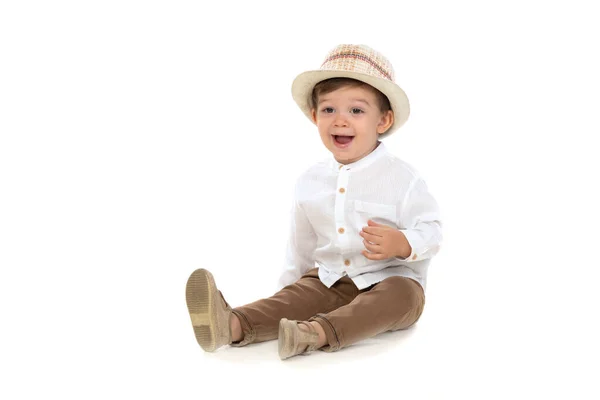 Крутой Стильный Маленький Мальчик Шляпе Изолированный Белом Фоне — стоковое фото