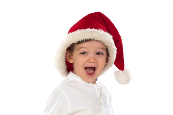 Joyeux Bébé Mignon Avec Chapeau Noël Isolé Sur Fond Blanc — Photo