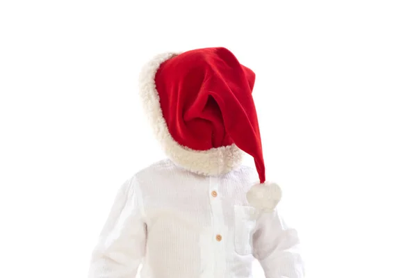 Funny Cute Baby Christmas Hat Covering His Face Isolated White — Stock Photo, Image