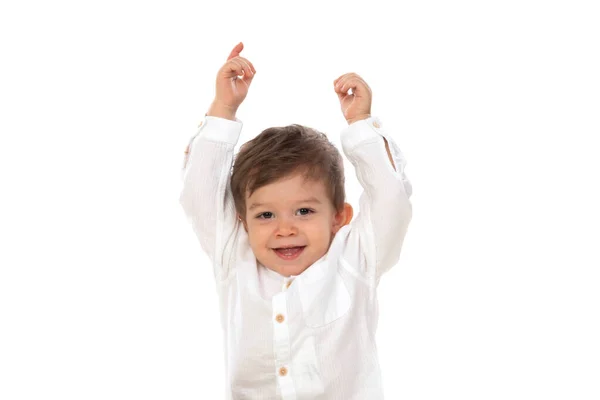 Bonito Bebê Feliz Levantando Braços Isolados Fundo Branco — Fotografia de Stock