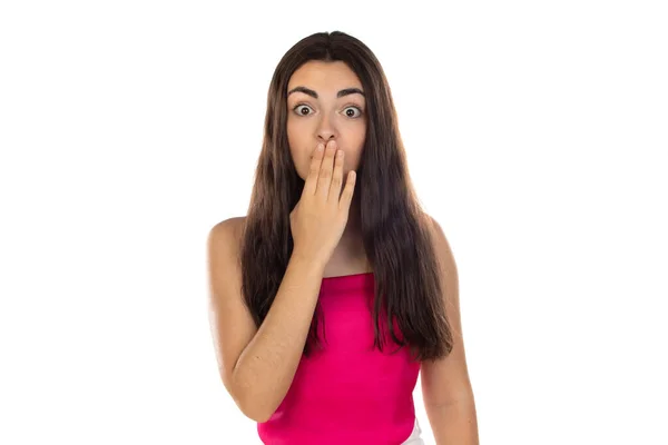 Woman Excited Wearing Pink Top Isolated White Background — Stock Photo, Image