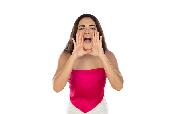 Attention Everyone Listen Angry Girl Shouting Hands Shaped Megaphone Announcing — Stock Photo, Image