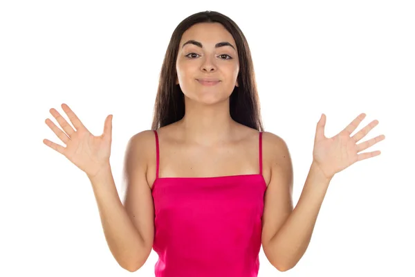 Dont Know Puzzled Pretty Positive Young Girl Shrugging Shoulders Unsure — Stock Photo, Image