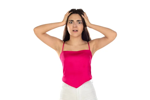 Chica Joven Preocupada Sorprendida Con Pelo Oscuro Con Top Rosa — Foto de Stock