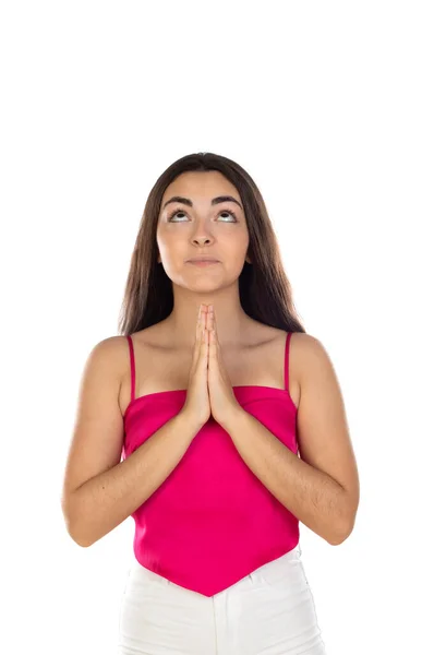 Femme Brune Debout Avec Des Mains Priantes Isolées Sur Fond — Photo