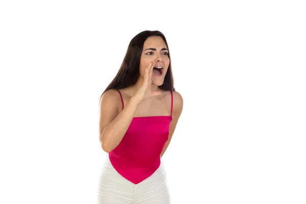 Atención Escuchen Todos Chica Enojada Gritando Las Manos Forma Megáfono —  Fotos de Stock