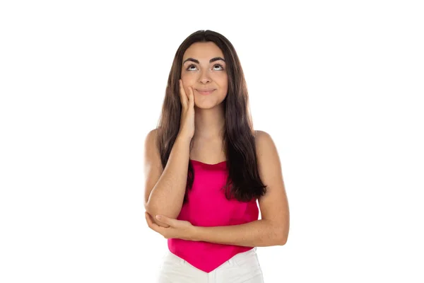 Foto Chica Encantadora Joven Mirada Espacio Vacío Contemplar Resolver Pensamiento —  Fotos de Stock