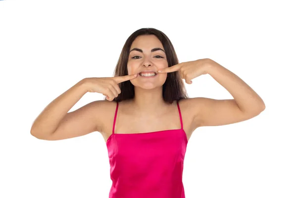 Jong Brunette Vrouw Wijzend Vingers Naar Mond Geïsoleerd Witte Achtergrond — Stockfoto