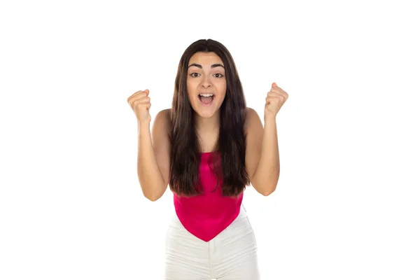 Excited Young Girl Celebrating Her Victory Isolated White Background — Stock Photo, Image