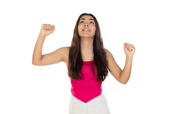Opgewonden Jong Meisje Vieren Haar Overwinning Geïsoleerd Een Witte Achtergrond — Stockfoto