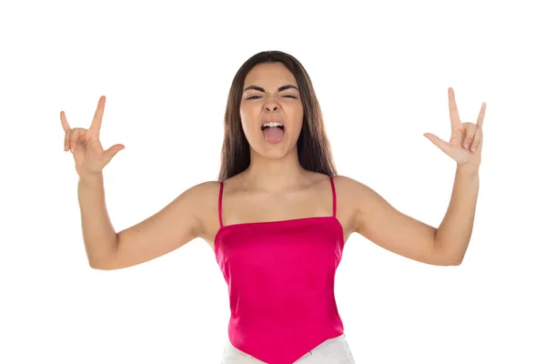 Brunette Rebel Teenager Girl Showing Rock Gesture Fingers Wearing Pink — Stock Photo, Image
