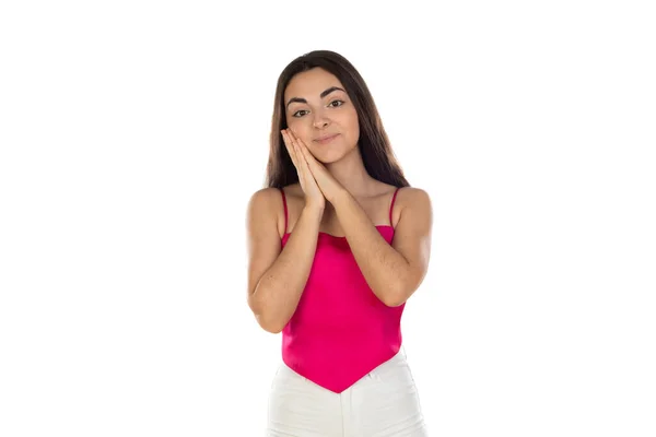 Exhausted Teenager Girl Posing Sleeping Gesture Isolated White Background — Stock Photo, Image