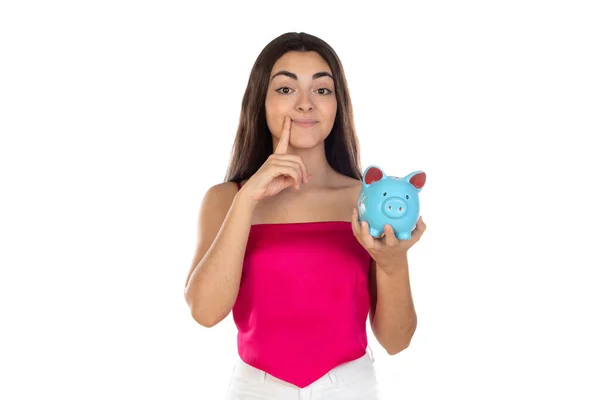 Jovem Mulher Bonita Com Caixa Dinheiro Banco Porquinho — Fotografia de Stock