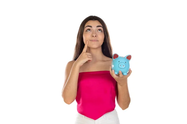 Jonge Mooie Vrouw Permanent Met Piggy Bank Spaarpot — Stockfoto