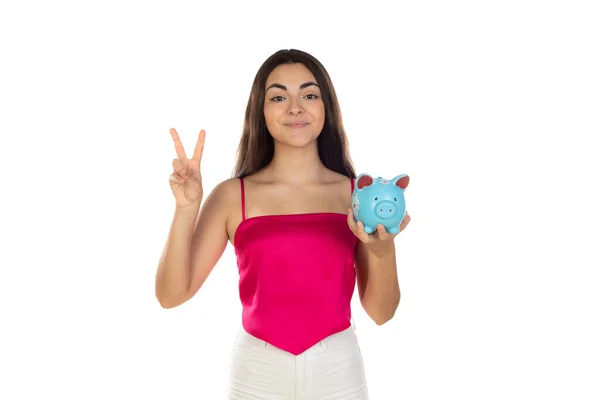 Jonge Mooie Vrouw Permanent Met Piggy Bank Spaarpot — Stockfoto